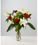 Bouquet de roses rouges et Lys blancs